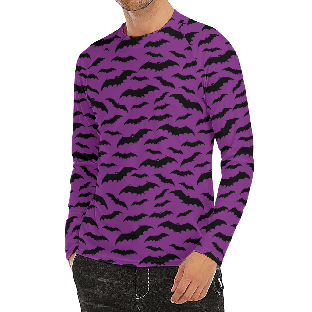 Purple And Black Halloween Bat Print Men's Long Sleeve Rash Guard