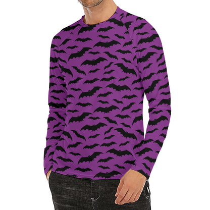 Purple And Black Halloween Bat Print Men's Long Sleeve Rash Guard