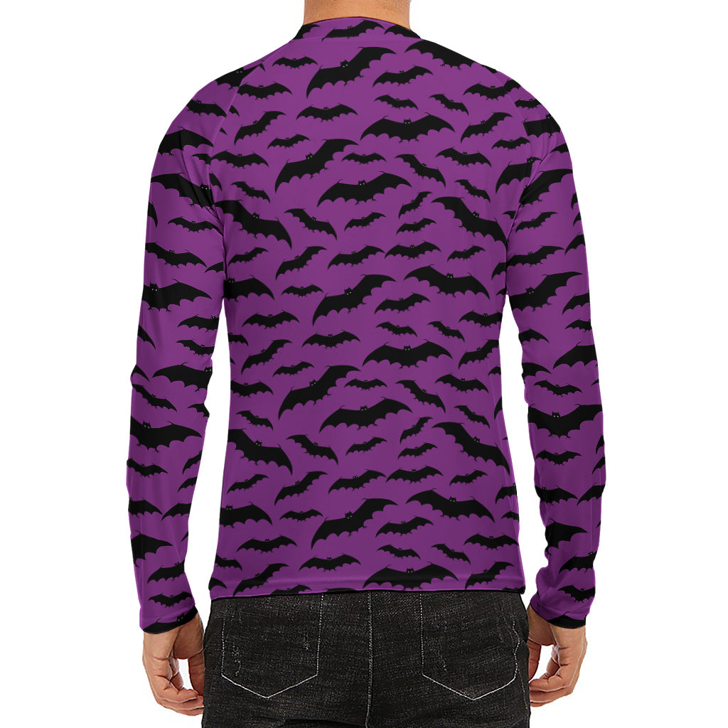 Purple And Black Halloween Bat Print Men's Long Sleeve Rash Guard