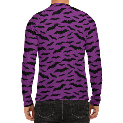 Purple And Black Halloween Bat Print Men's Long Sleeve Rash Guard