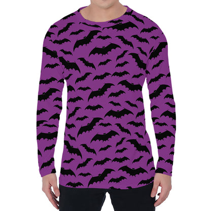 Purple And Black Halloween Bat Print Men's Long Sleeve T-Shirt