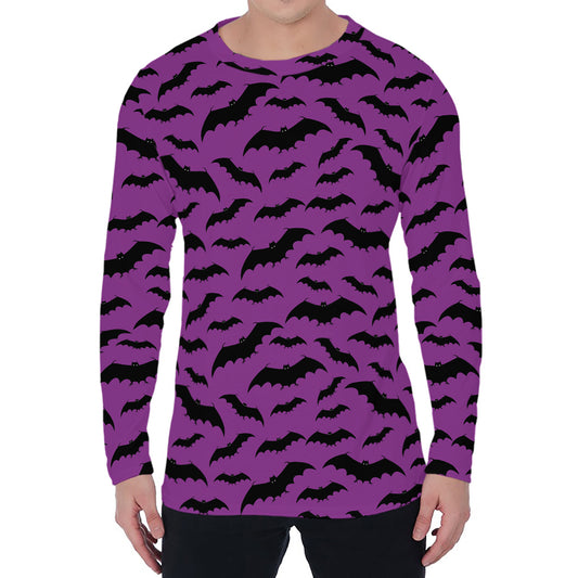 Purple And Black Halloween Bat Print Men's Long Sleeve T-Shirt