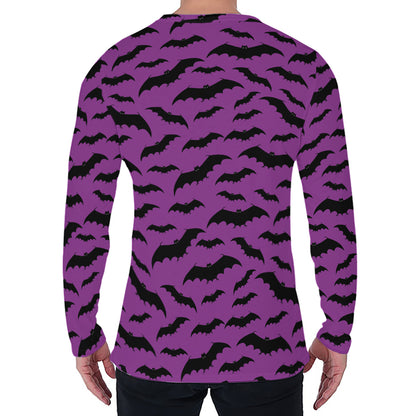 Purple And Black Halloween Bat Print Men's Long Sleeve T-Shirt
