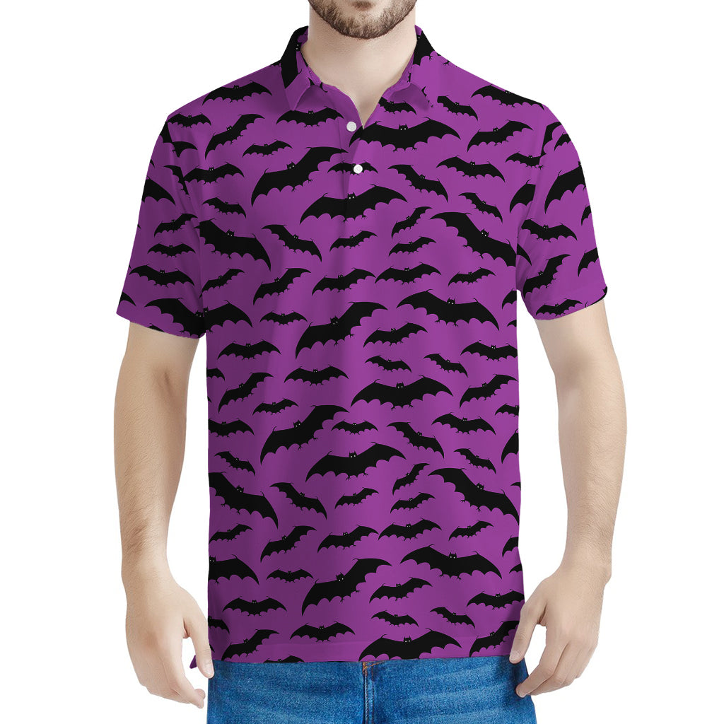Purple And Black Halloween Bat Print Men's Polo Shirt