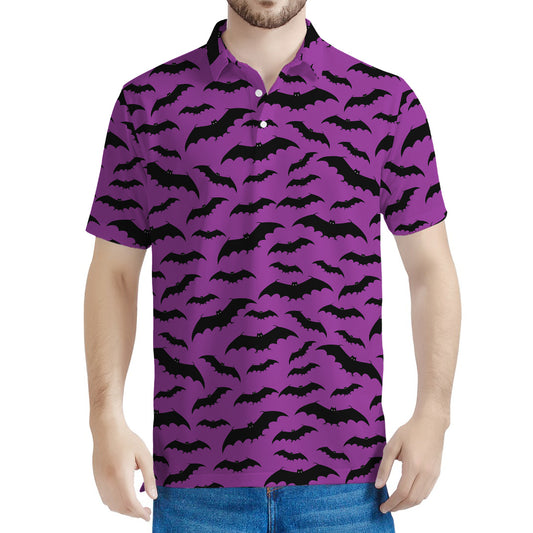 Purple And Black Halloween Bat Print Men's Polo Shirt