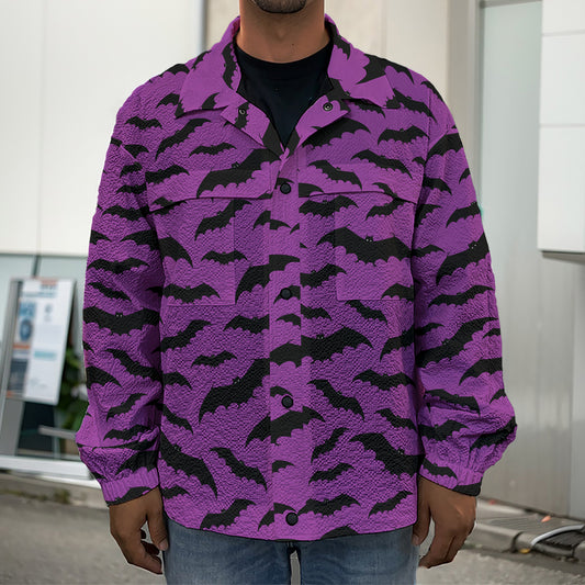 Purple And Black Halloween Bat Print Men's Shirt Jacket