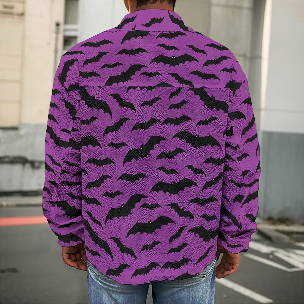 Purple And Black Halloween Bat Print Men's Shirt Jacket