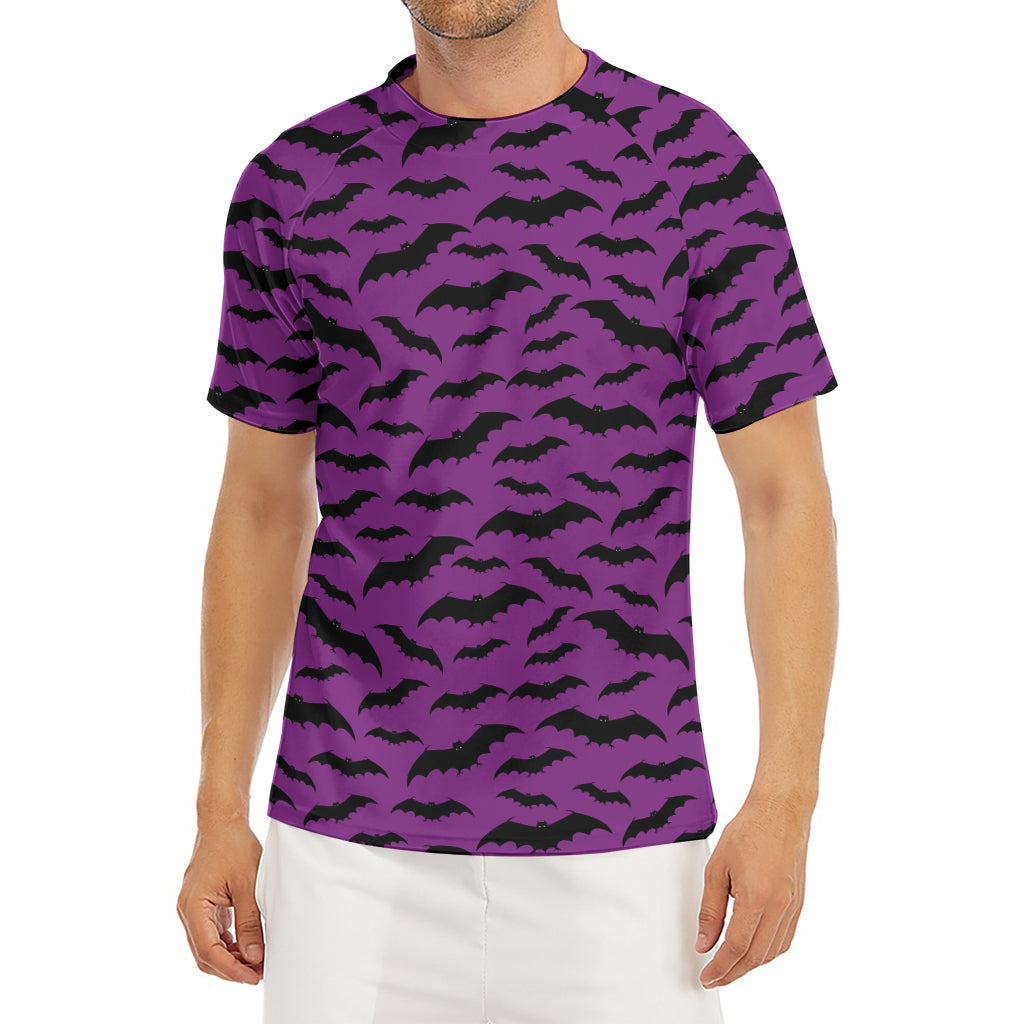 Purple And Black Halloween Bat Print Men's Short Sleeve Rash Guard