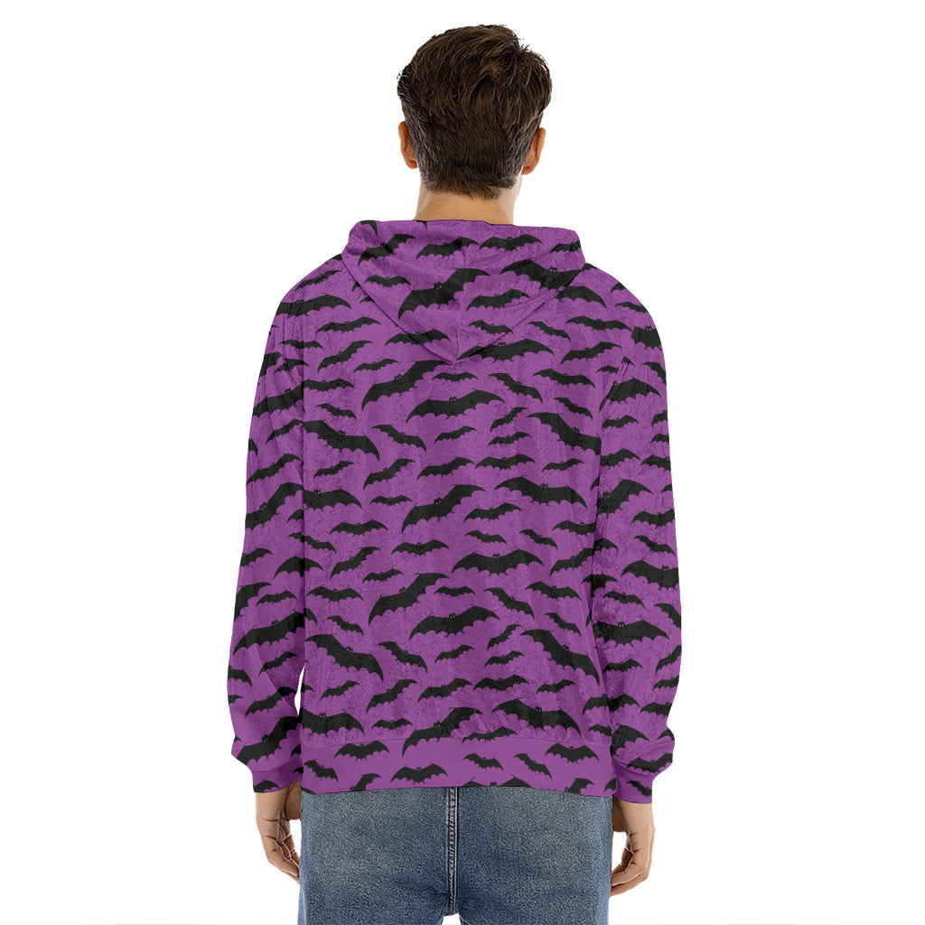 Purple And Black Halloween Bat Print Men's Velvet Pullover Hoodie