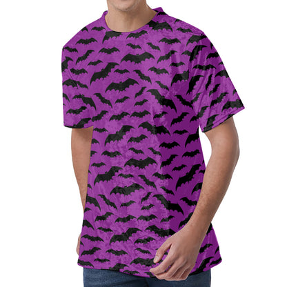 Purple And Black Halloween Bat Print Men's Velvet T-Shirt