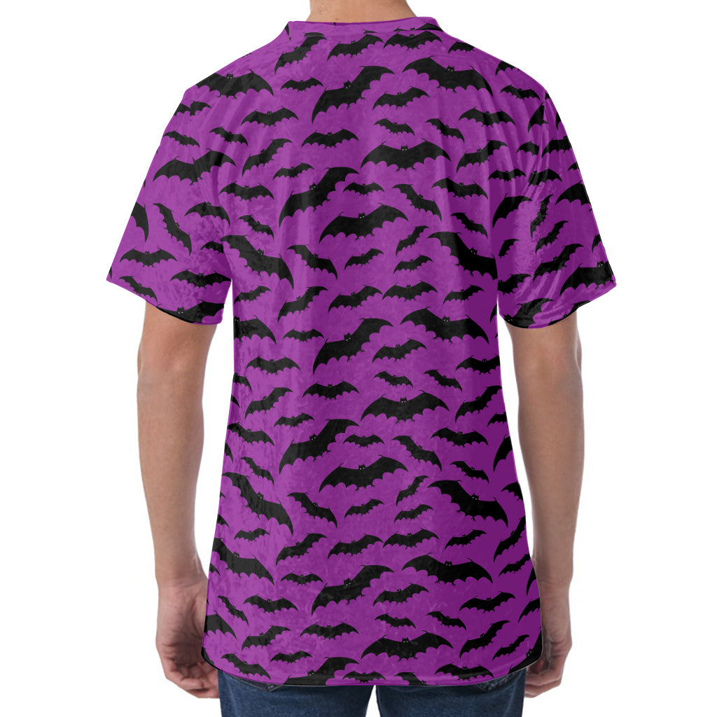 Purple And Black Halloween Bat Print Men's Velvet T-Shirt
