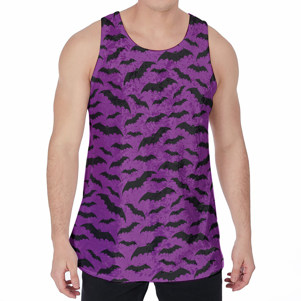 Purple And Black Halloween Bat Print Men's Velvet Tank Top