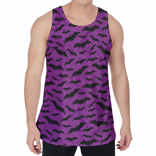 Purple And Black Halloween Bat Print Men's Velvet Tank Top