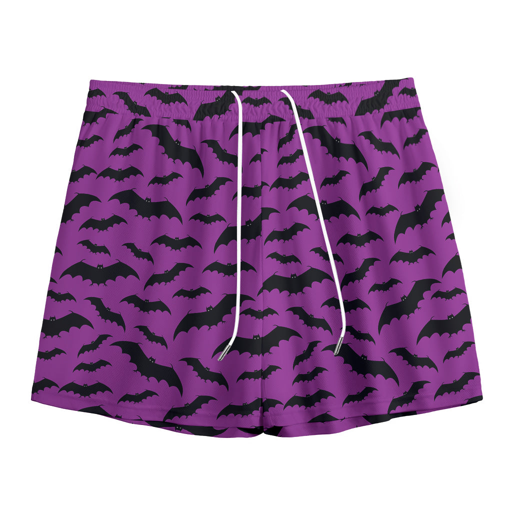 Purple And Black Halloween Bat Print Mesh Shorts