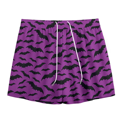 Purple And Black Halloween Bat Print Mesh Shorts
