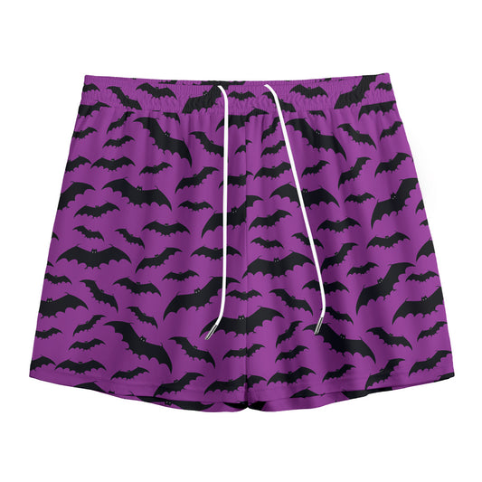 Purple And Black Halloween Bat Print Mesh Shorts