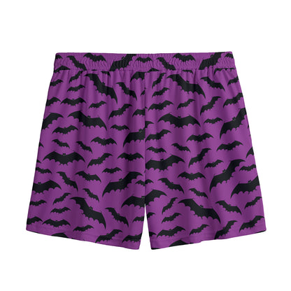 Purple And Black Halloween Bat Print Mesh Shorts