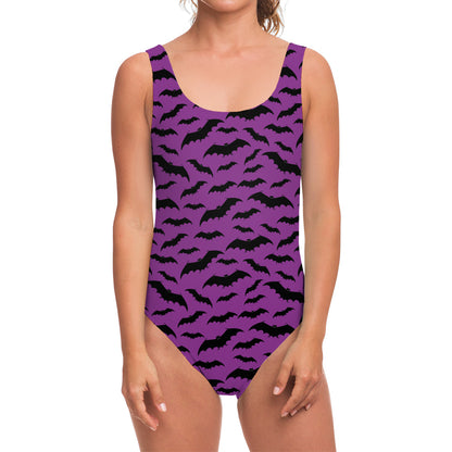 Purple And Black Halloween Bat Print One Piece Swimsuit