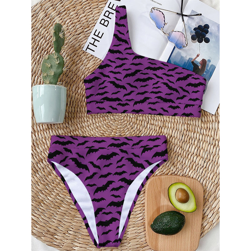 Purple And Black Halloween Bat Print One Shoulder Bikini Top