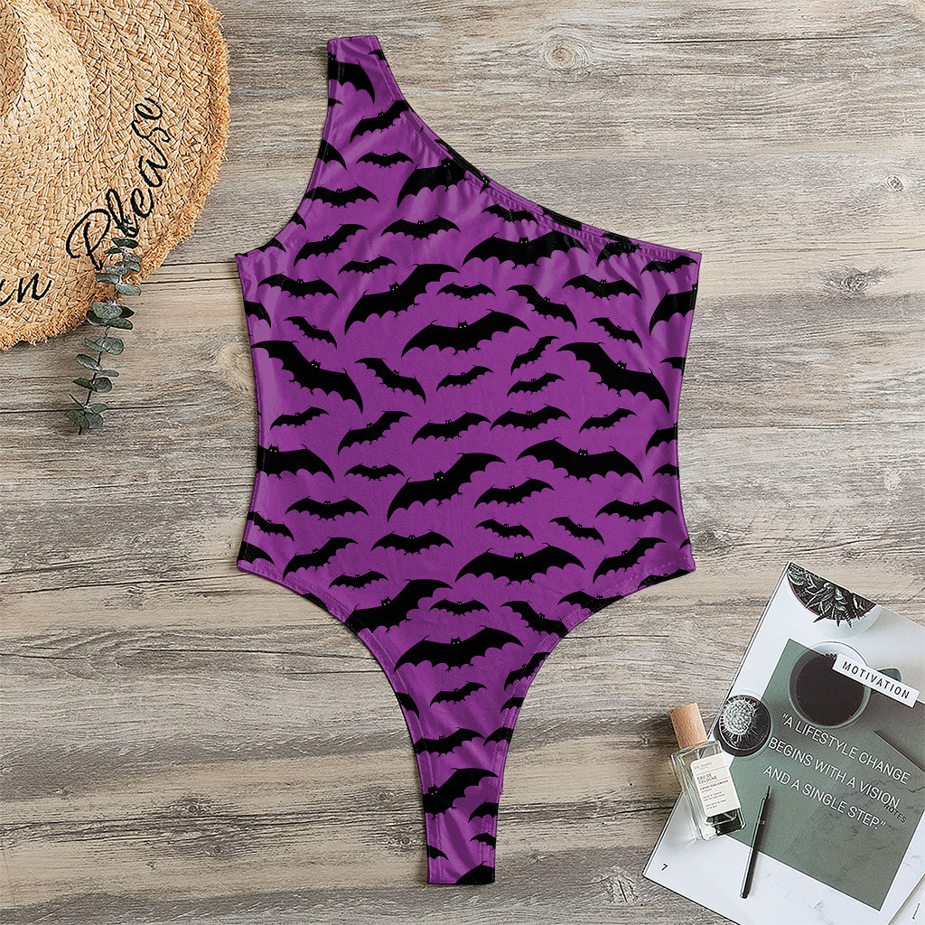 Purple And Black Halloween Bat Print One Shoulder Bodysuit