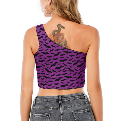 Purple And Black Halloween Bat Print One Shoulder Crop Top