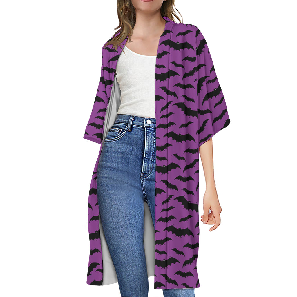 Purple And Black Halloween Bat Print Open Front Beach Cover Up