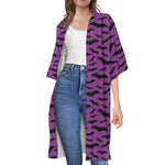Purple And Black Halloween Bat Print Open Front Beach Cover Up