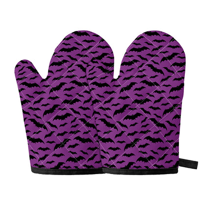 Purple And Black Halloween Bat Print Oven Mitts