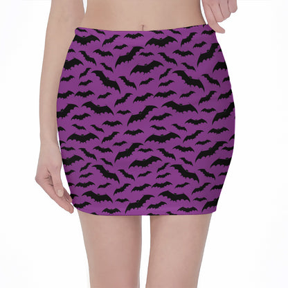 Purple And Black Halloween Bat Print Pencil Mini Skirt