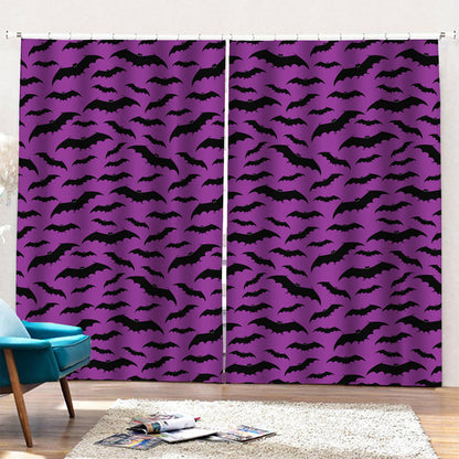 Purple And Black Halloween Bat Print Pencil Pleat Curtains