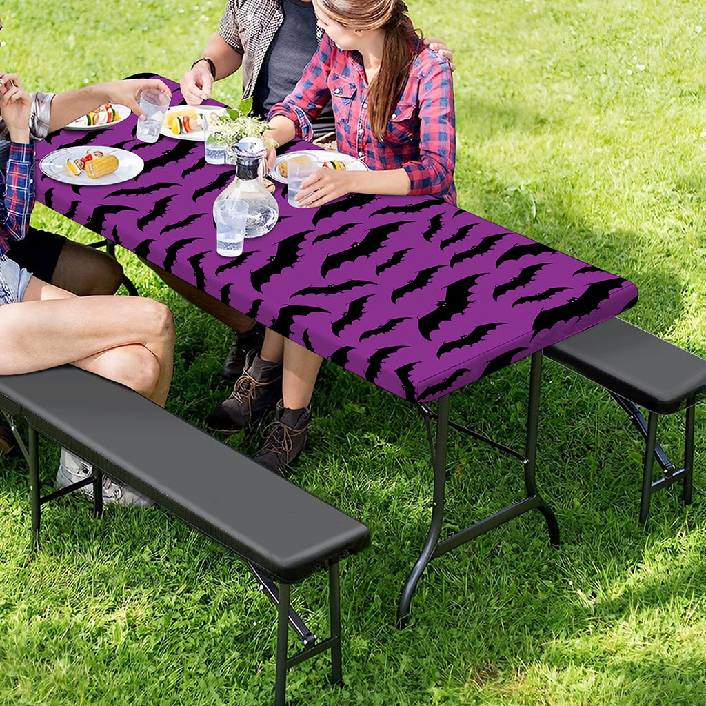 Purple And Black Halloween Bat Print Picnic Table Cover