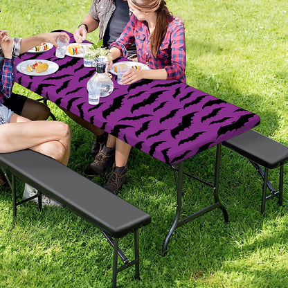Purple And Black Halloween Bat Print Picnic Table Cover