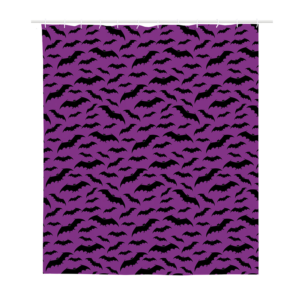 Purple And Black Halloween Bat Print Polyester Shower Curtain