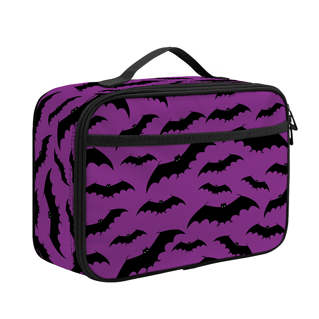 Purple And Black Halloween Bat Print Portable Lunch Bag