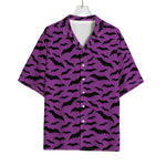 Purple And Black Halloween Bat Print Rayon Hawaiian Shirt