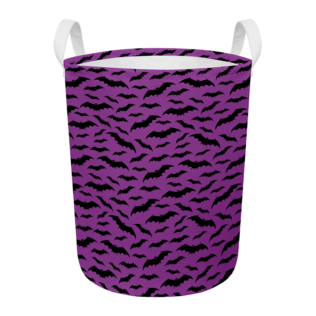 Purple And Black Halloween Bat Print Round Laundry Basket