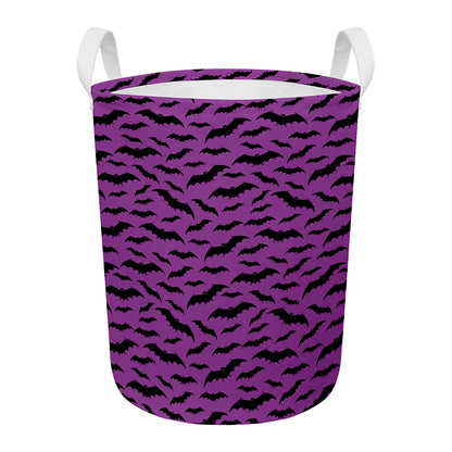Purple And Black Halloween Bat Print Round Laundry Basket
