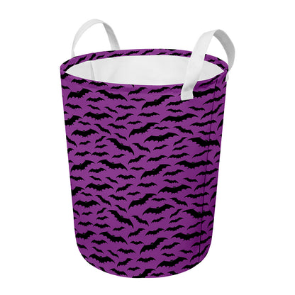 Purple And Black Halloween Bat Print Round Laundry Basket