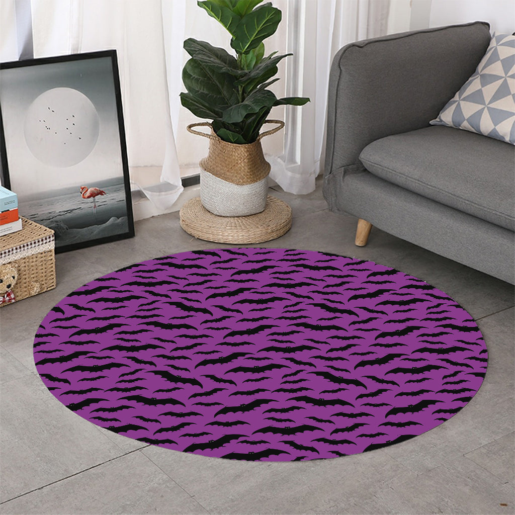 Purple And Black Halloween Bat Print Round Rug