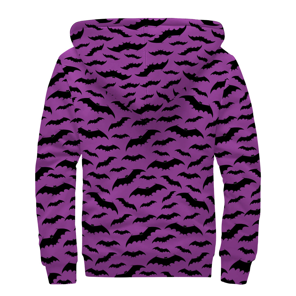 Purple And Black Halloween Bat Print Sherpa Lined Zip Up Hoodie