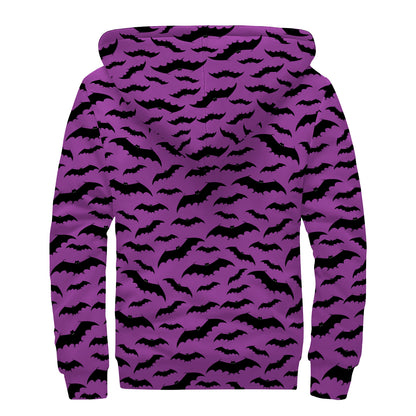 Purple And Black Halloween Bat Print Sherpa Lined Zip Up Hoodie