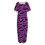 Purple And Black Halloween Bat Print Short Sleeve Long Nightdress