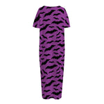 Purple And Black Halloween Bat Print Short Sleeve Long Nightdress