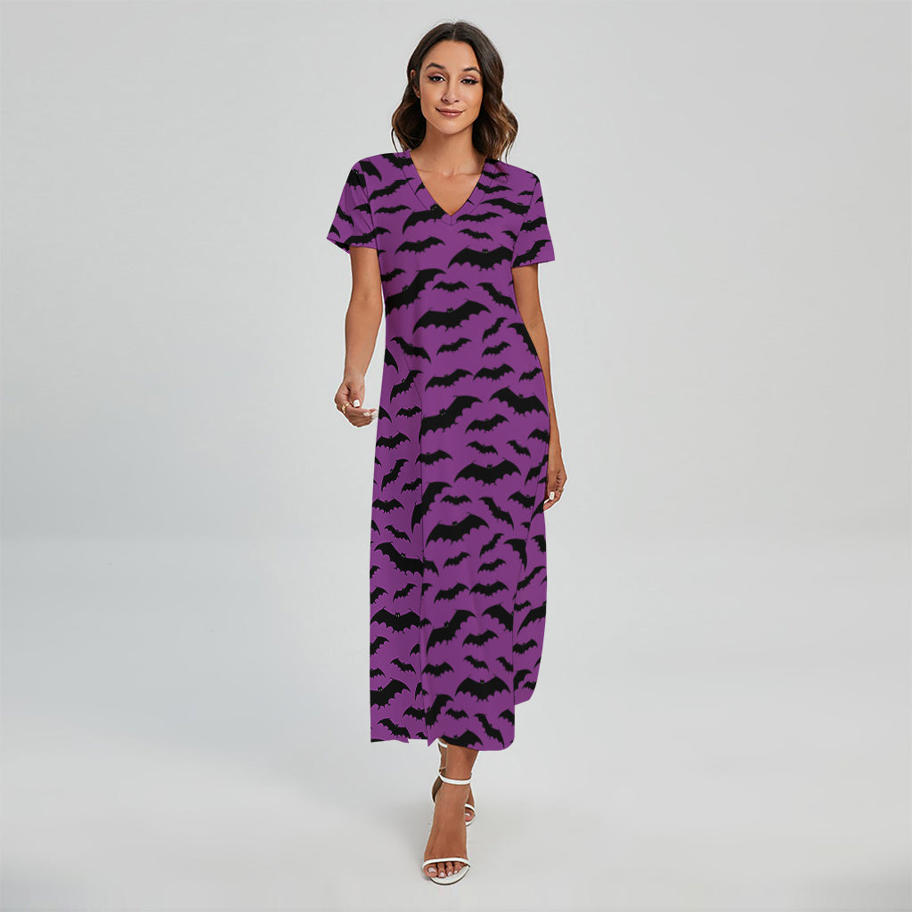 Purple And Black Halloween Bat Print Short Sleeve Maxi Dress