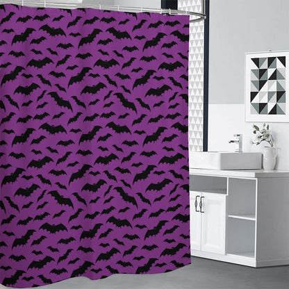 Purple And Black Halloween Bat Print Shower Curtain