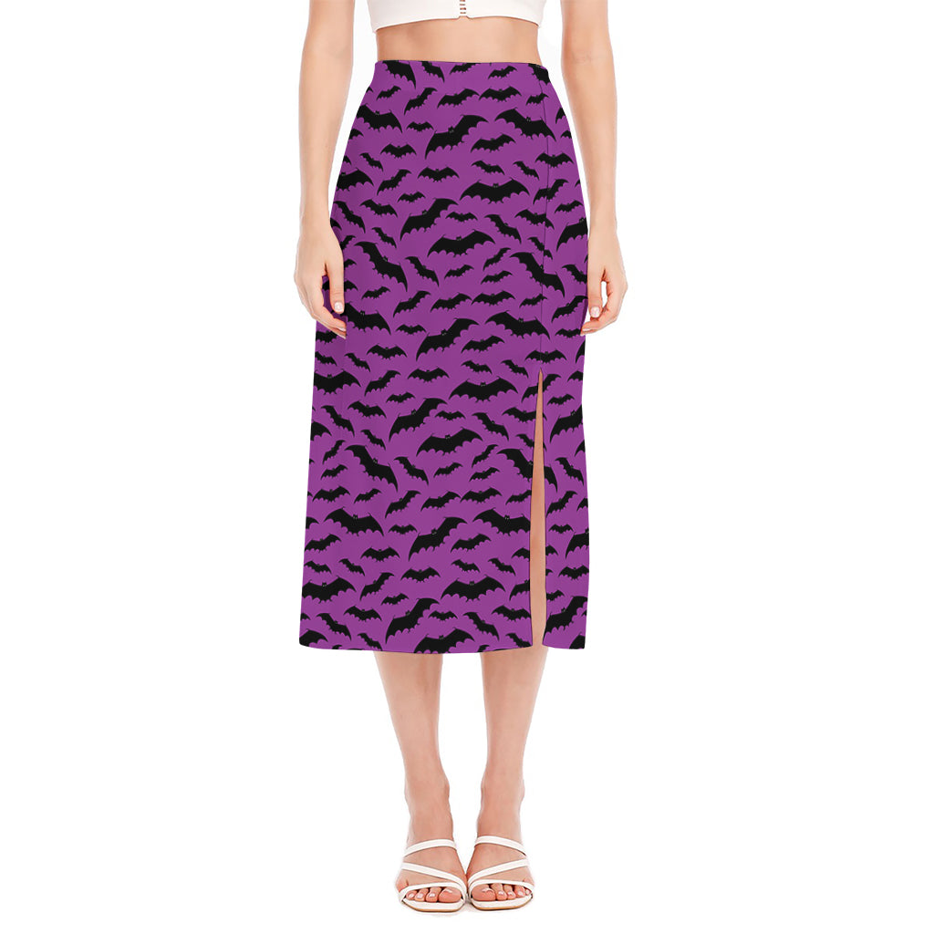 Purple And Black Halloween Bat Print Side Slit Midi Skirt