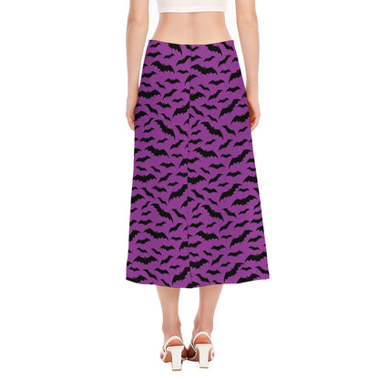 Purple And Black Halloween Bat Print Side Slit Midi Skirt