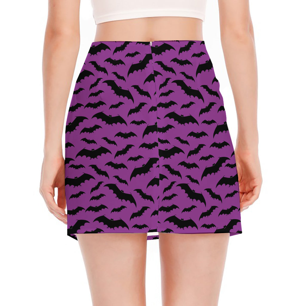 Purple And Black Halloween Bat Print Side Slit Mini Skirt