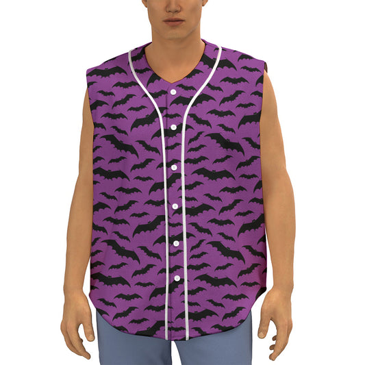 Purple And Black Halloween Bat Print Sleeveless Baseball Jersey