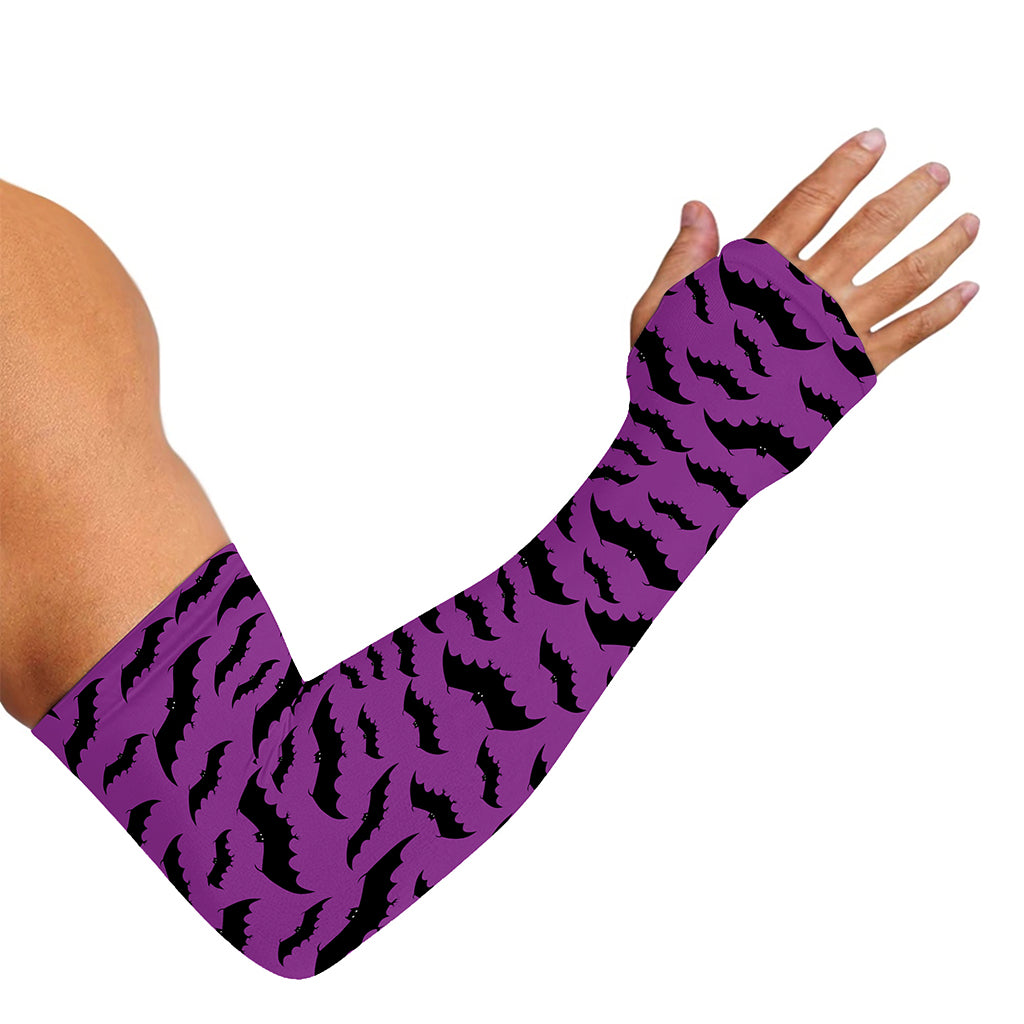 Purple And Black Halloween Bat Print Sun Protection Arm Sleeves